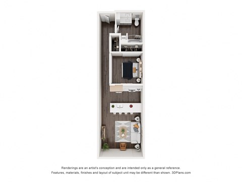 a floor plan of a studio apartment with a bedroom and a bathroom