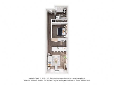 a floor plan of a studio apartment with a bedroom and a bathroom