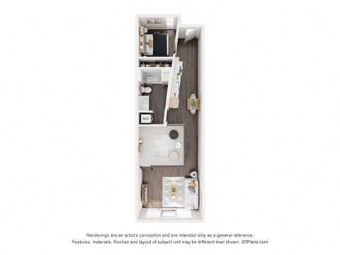 a floor plan of a studio apartment with a bedroom and a bathroom
