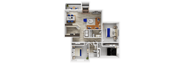 A detailed 3D floor plan of a house showing all rooms and their furnishings.