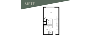 A floor plan of a one bedroom apartment with a living room, kitchen, and bathroom.