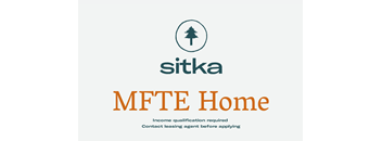 A logo with the word "sitka" and a tree icon above the words "MFTE Home" with a note below stating "Income qualification required Contact leasing agent before applying".