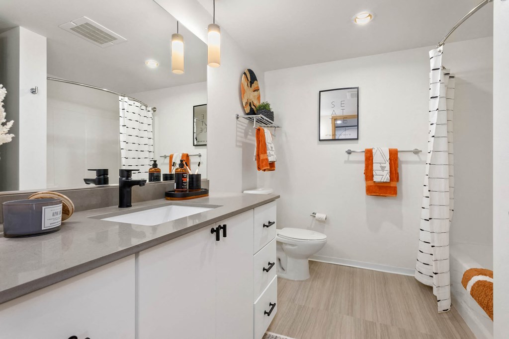 a bathroom with a sink and a toilet and a shower