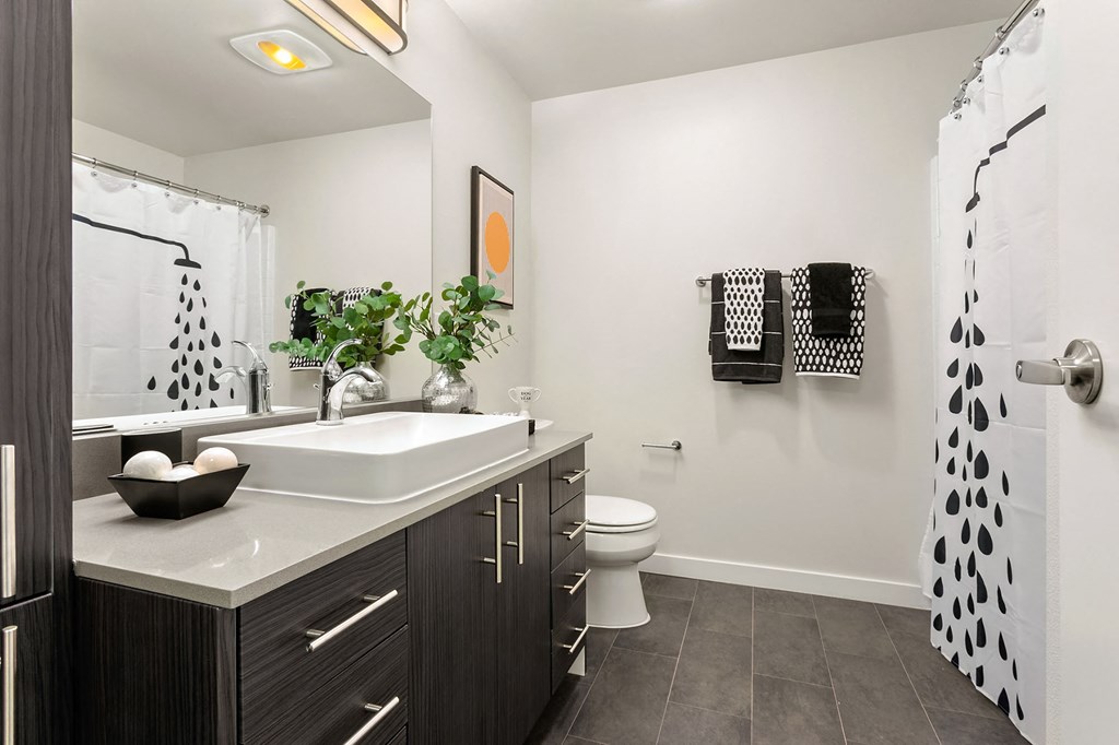 a bathroom with a sink and a shower and a toilet