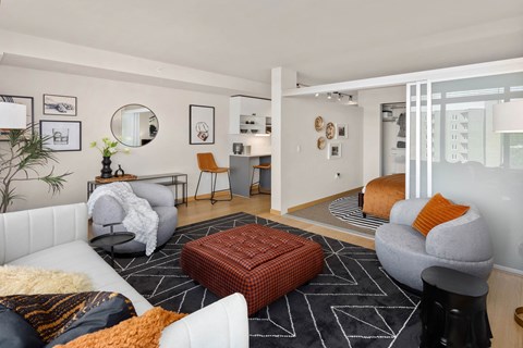 a living room with white furniture and a black rug