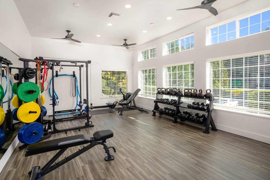 A well-equipped home gym with a variety of exercise equipment.