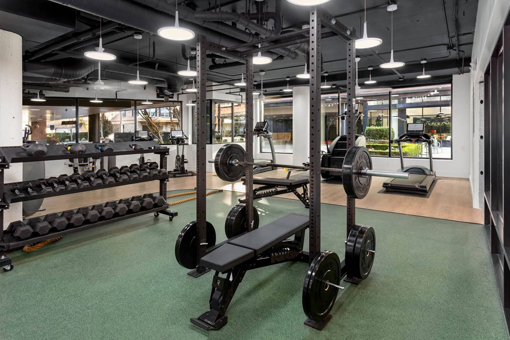 a view of the weights area in the fitness center