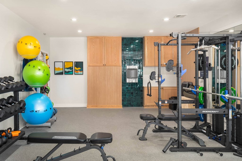 a home gym with weights and other exercise equipment