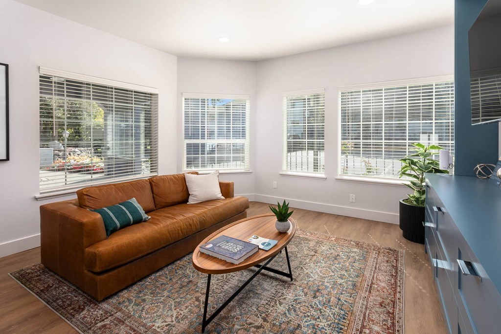 A living room with a brown couch and a rug.