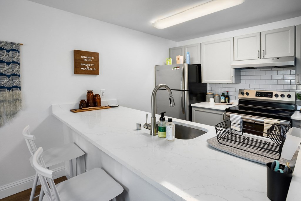 a kitchen with a counter top and a sink