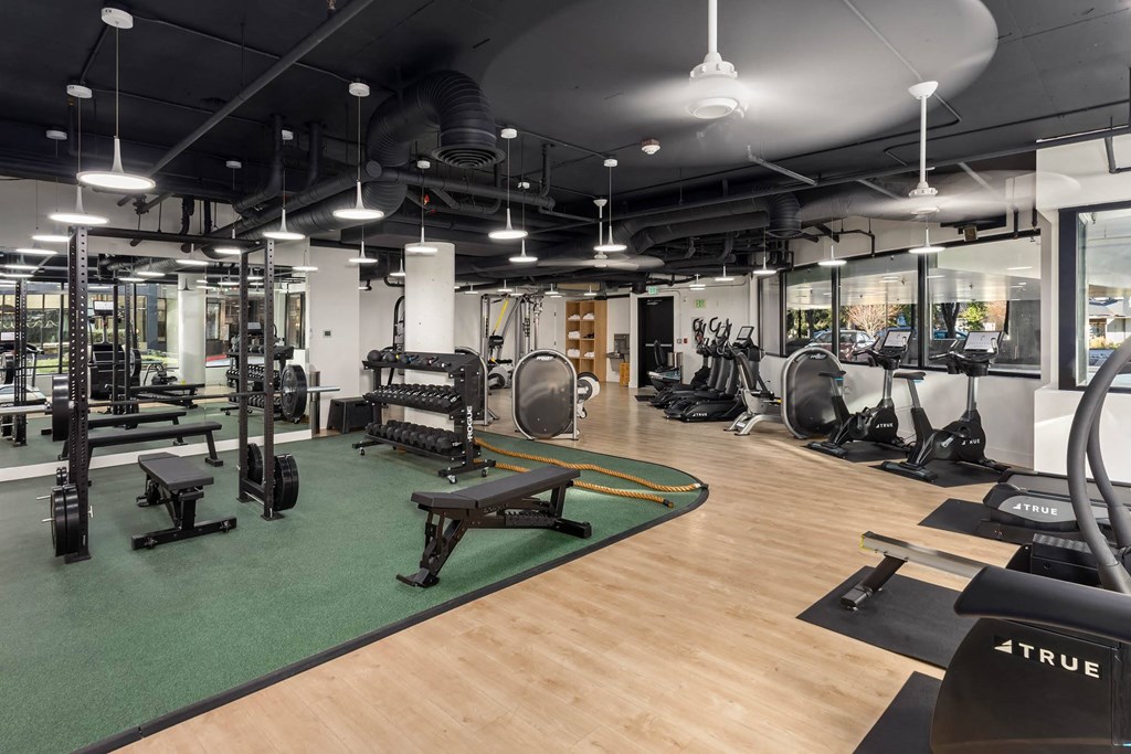a large fitness room with exercise equipment and mirrors