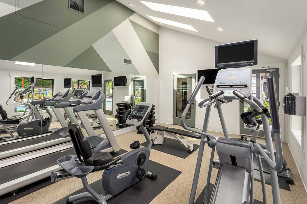 a room filled with lots of cardio equipment and a flat screen tv