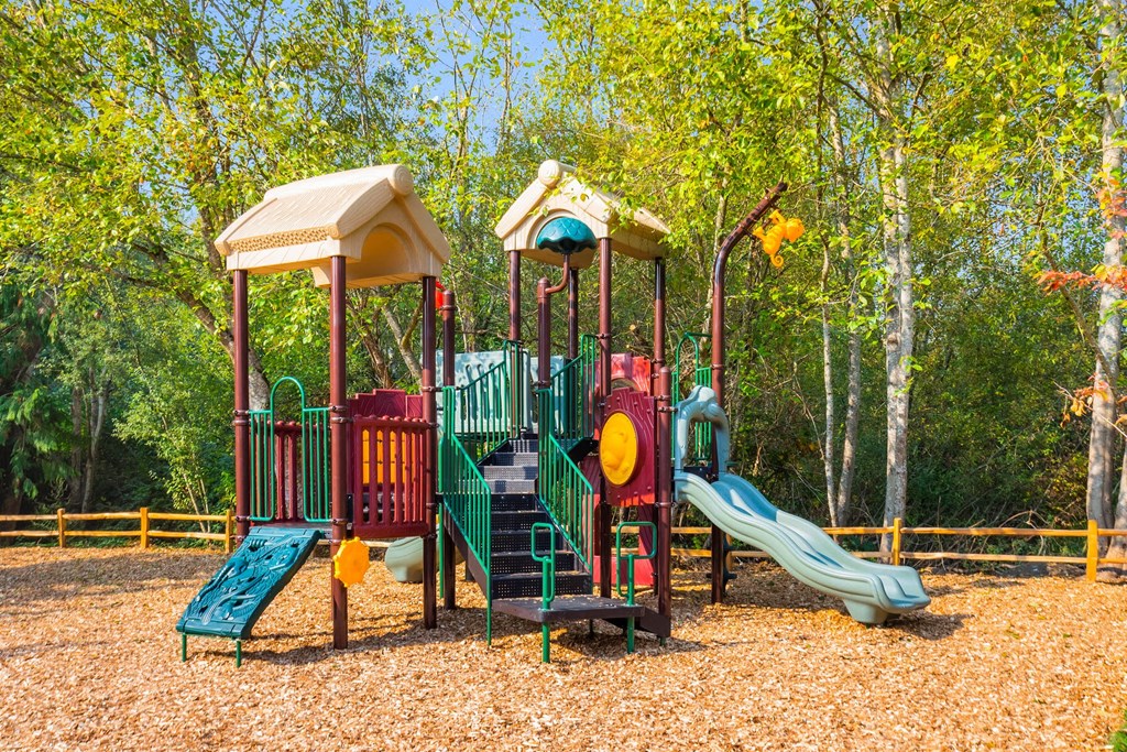 a playground at a park with slides and trees