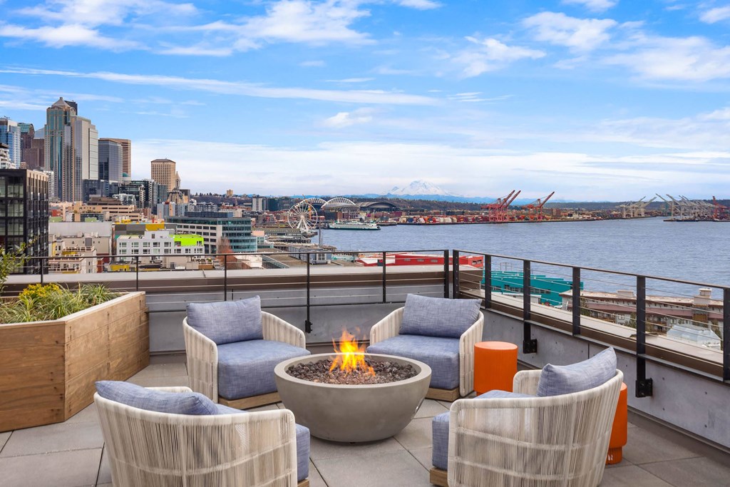 a terrace with chairs and a fire pit overlooking the water and a city skyline