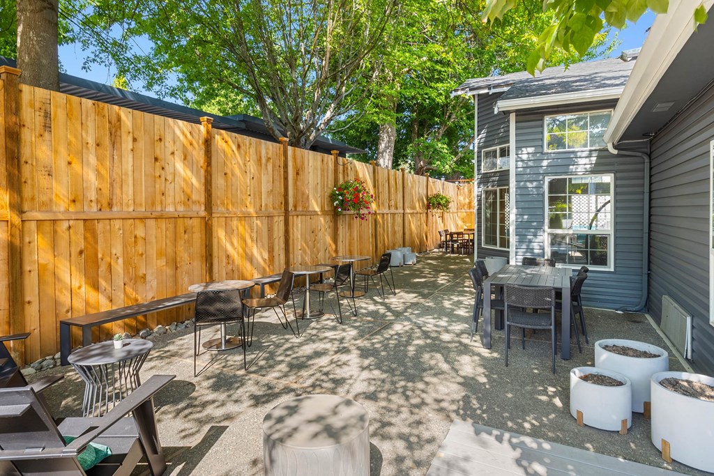 A backyard with a wooden fence and a picnic table.