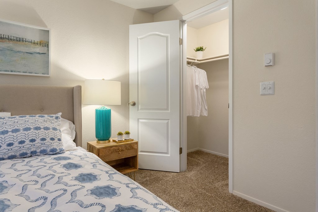 a bedroom with a bed and a closet with a white door