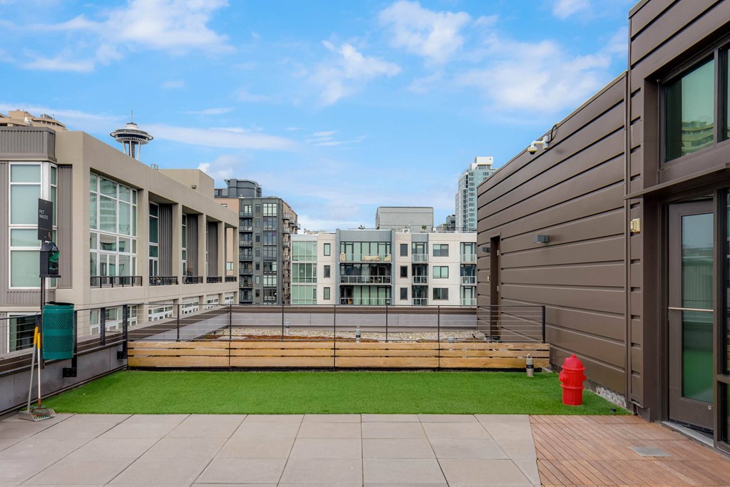 the rooftop patio of a building with a green lawn and a fire hydrant