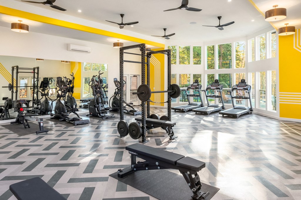 a gym with weights and cardio equipment in a large room with windows