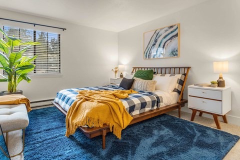 a bedroom with a bed and a blue rug