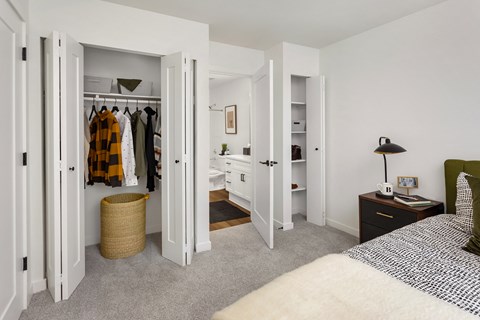 a bedroom with a bed and a closet and a bathroom