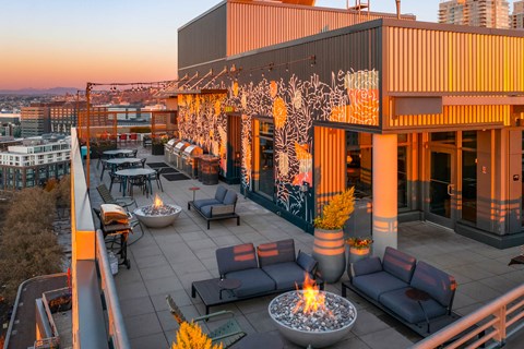 a rooftop terrace with couches and tables and fire pits