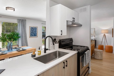 a kitchen with a sink and stove in a 555 waverly unit
