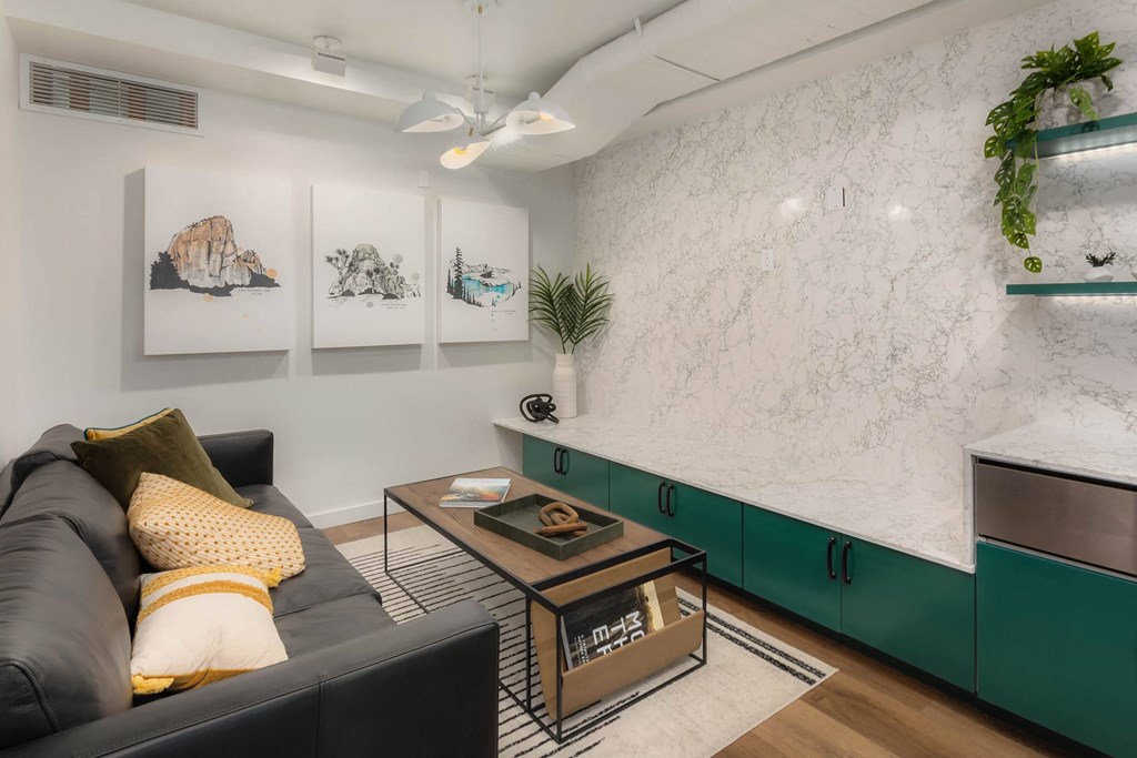 a living room with a couch and a coffee table