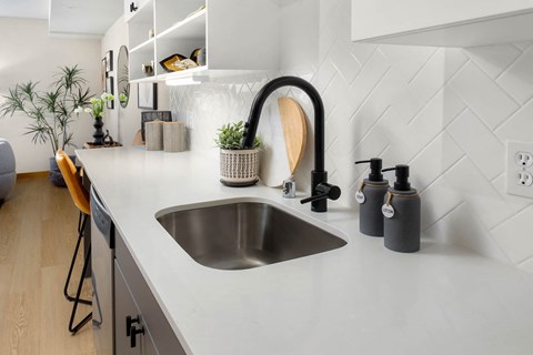 a kitchen with a sink and a black faucet