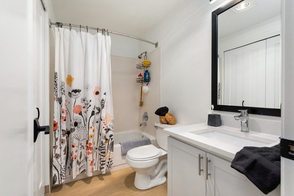 a bathroom with a shower curtain and a toilet and a sink