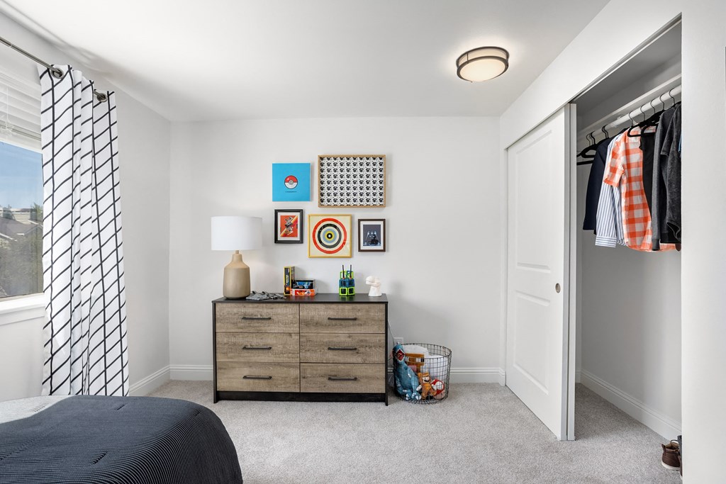 a bedroom with a closet and a bed and a dresser
