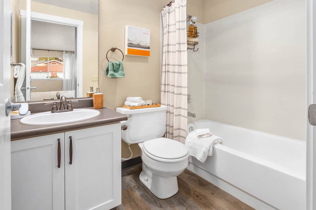 a bathroom with a sink toilet and bath tub