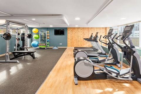 a gym with cardio equipment and weights on the floor
