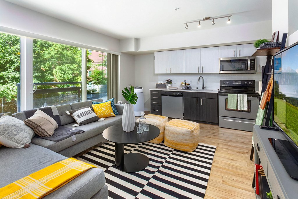 a living room with a couch and a table