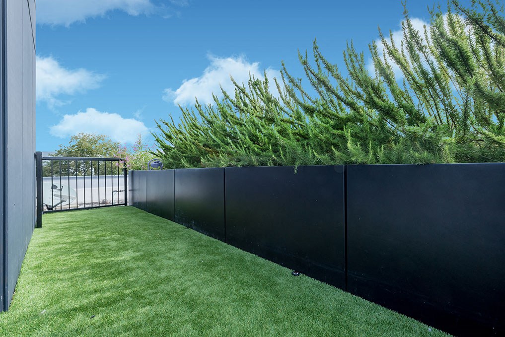 a backyard with a green lawn and a black fence