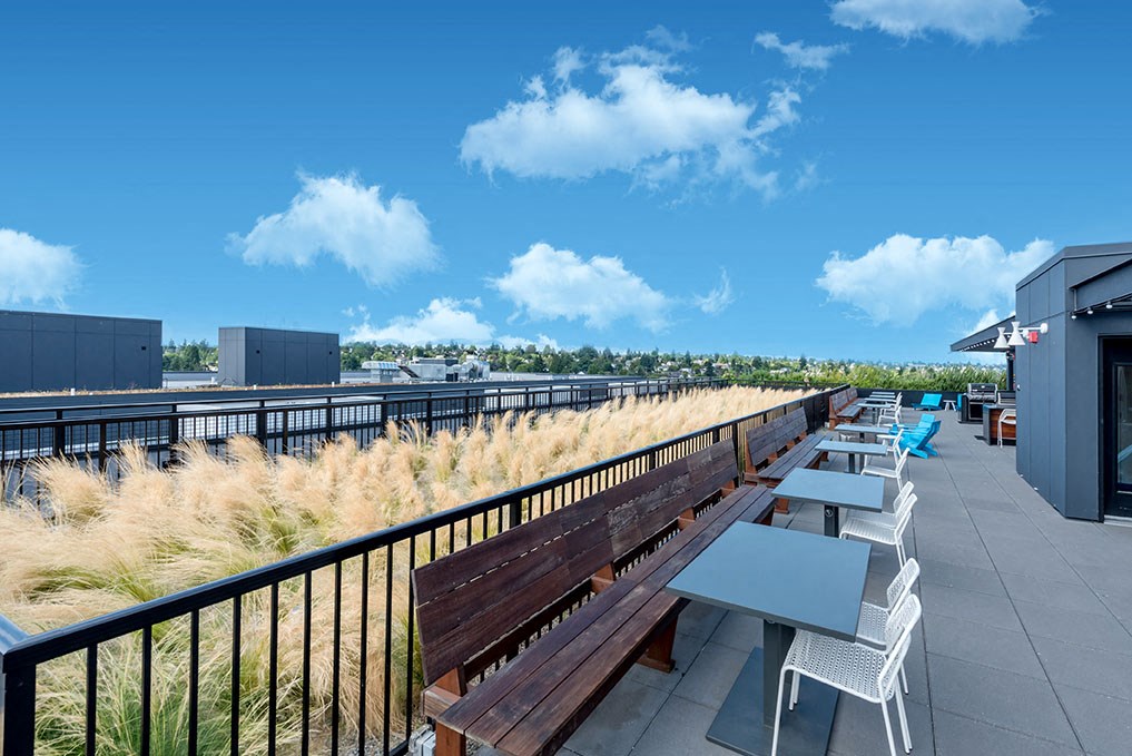 a row of tables and chairs on a rooftop patio