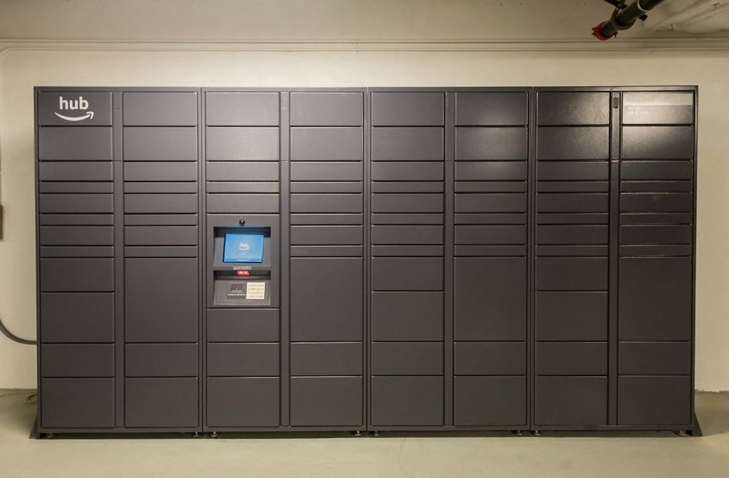 a set of industrial lockers in a room