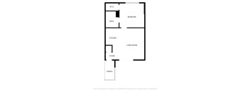 A floor plan of a house with a living room, kitchen, bath, bedroom, foyer and porch.