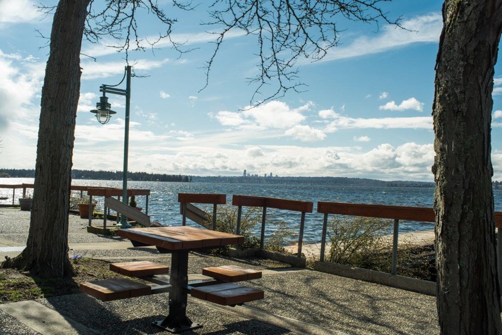 a picnic area with benches next to a body of water