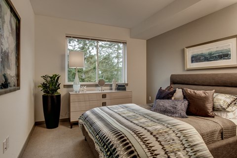 a bedroom with a bed and a dresser and a window
