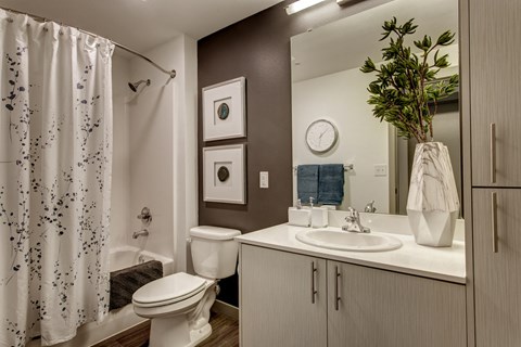 a bathroom with a shower and a sink and a toilet