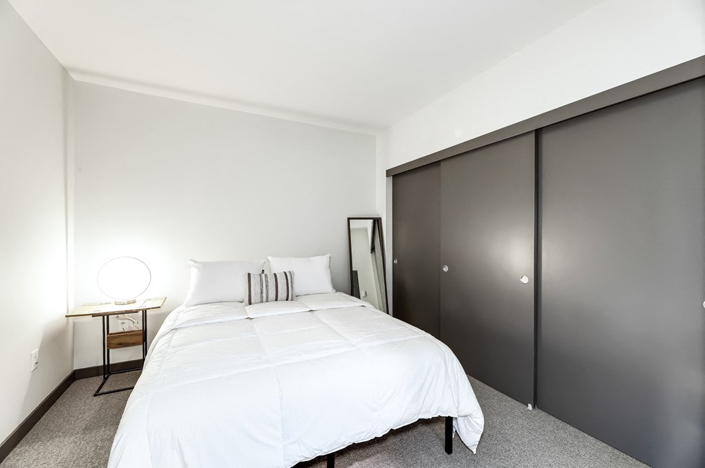 a bedroom with a bed and a closet