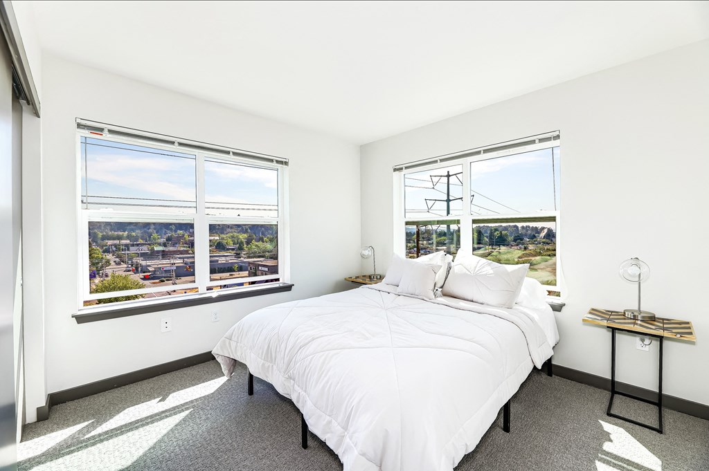 a bedroom with a bed and two windows