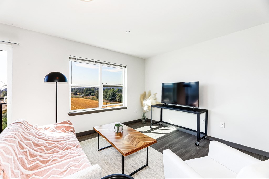 a living room with a couch and a coffee table and a television