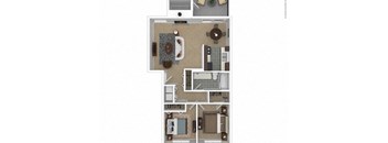 A floor plan of a house with a kitchen, living room, and two bedrooms.