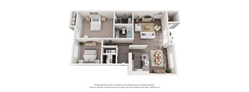 A 3D floor plan of a house with a kitchen, living room, and two bedrooms.