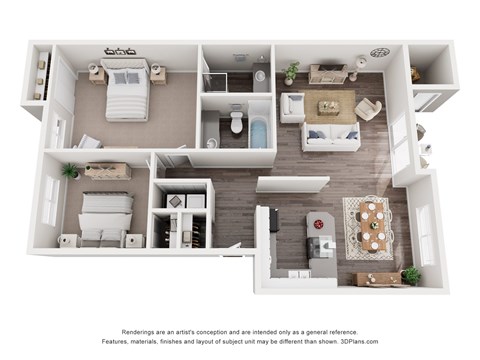 A 3D floor plan of a house with a kitchen, living room, and two bedrooms.