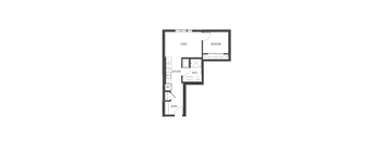 A floor plan of a small apartment with a living room, bedroom, kitchen, bathroom, and entry.