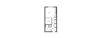A floor plan of a small apartment with a living room, bedroom, bathroom, and entry.