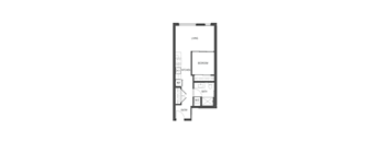 A floor plan of a small apartment with a living room, bedroom, bathroom, kitchen, and entry.