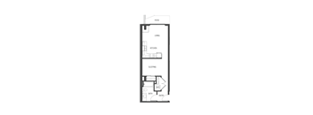 A floor plan of a small apartment with a kitchen, living room, and sleeping area.